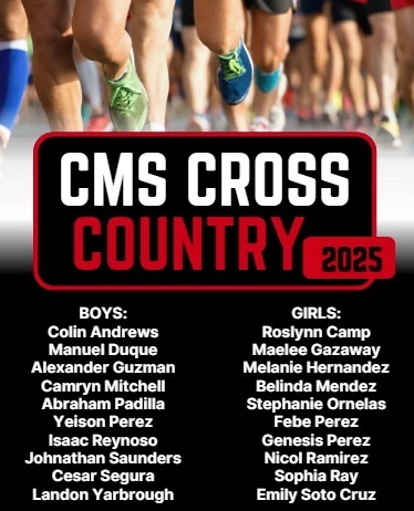 Cross country team list with black background and white and red letters with running shoes at the top as accent