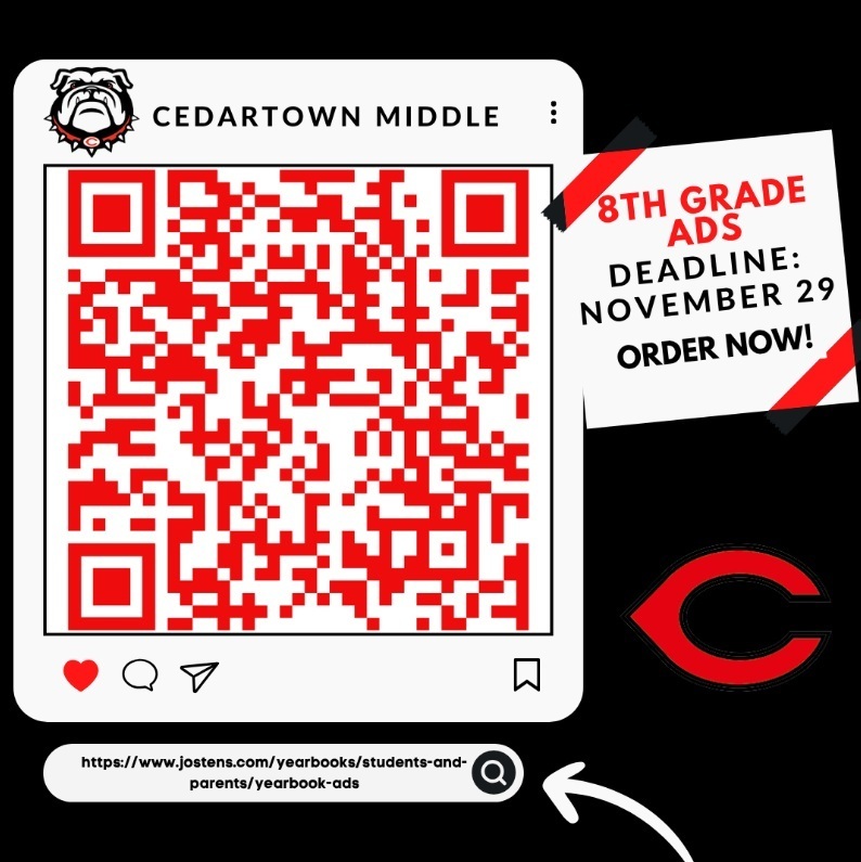Yearbook 8th Grade Ad Order Form with QR code on black background with red and white text