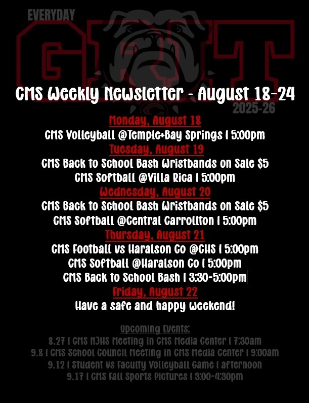weekly newsletter with events in red and white text on black background with shadow bulldog as accent