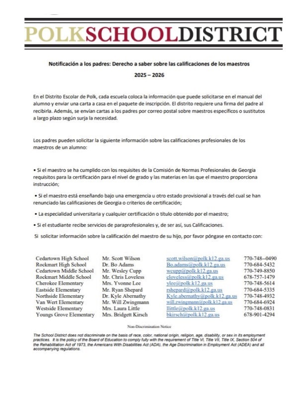 2025-26 Parents' Right to Know flyer for this school year. In Spanish