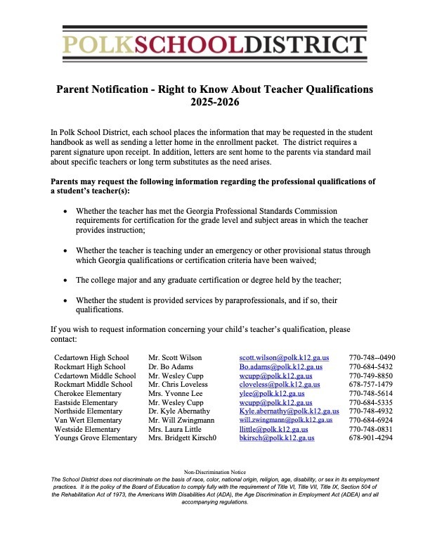 2025-26 Parents' Right to Know flyer for this school year. In English
