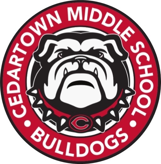 Cedartown Middle School Logo (circle image with red boder with white letters featuring school name and a bulldog mascot image in the center)