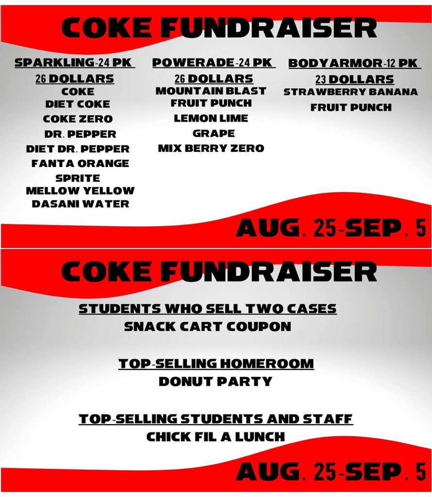 fundraiser flyer with red wave on gray background with sale items, cost, and deadline in black text
