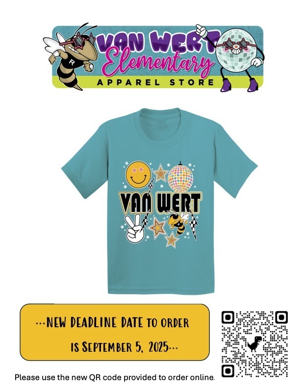 Purchase a Van Wert Elementary School tshirt. Proceeds benefit the school. The deadline to order is September 5, 2025