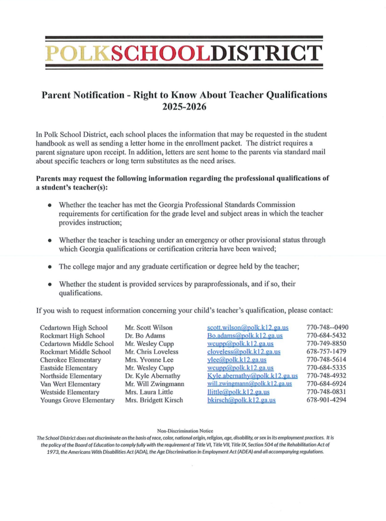 Parent Notification - Right to Know About Teacher Qualifications 2025-2026