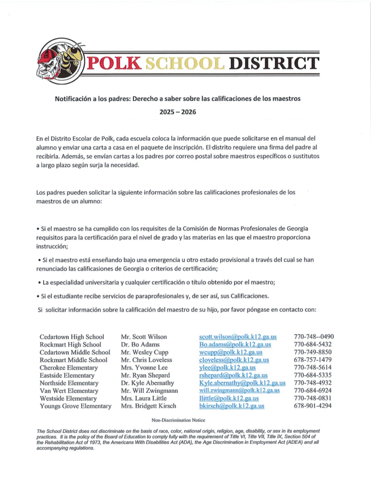 Parent Notification - Right to Know About Teacher Qualifications 2025-2026
