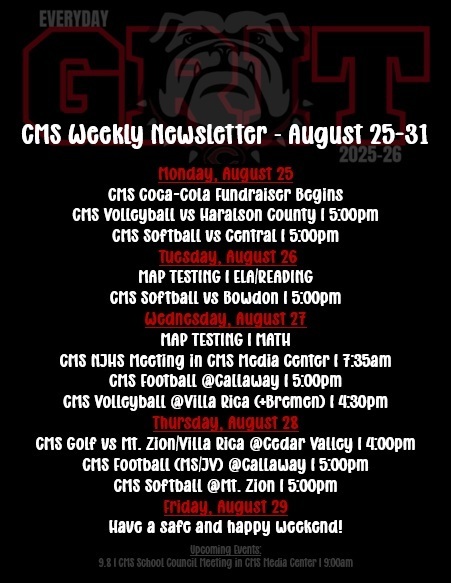 weekly newsletter on black background with red and white text with shadow bulldog mascot in the background