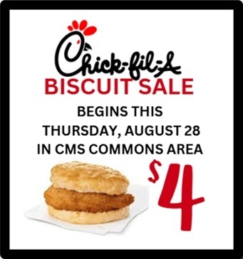 Chick Fil A Biscuit Sale poster on white background with red and black text and black border with biscuit clipart as accent
