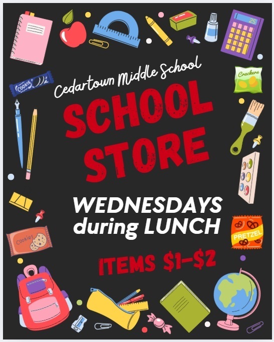 School Store flyer on black background with red and white text and school supplies as a border