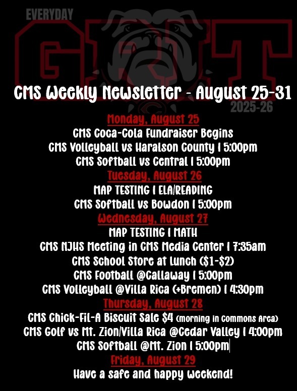 weekly newsletter on black background with red and white text with shadow bulldog mascot in the background