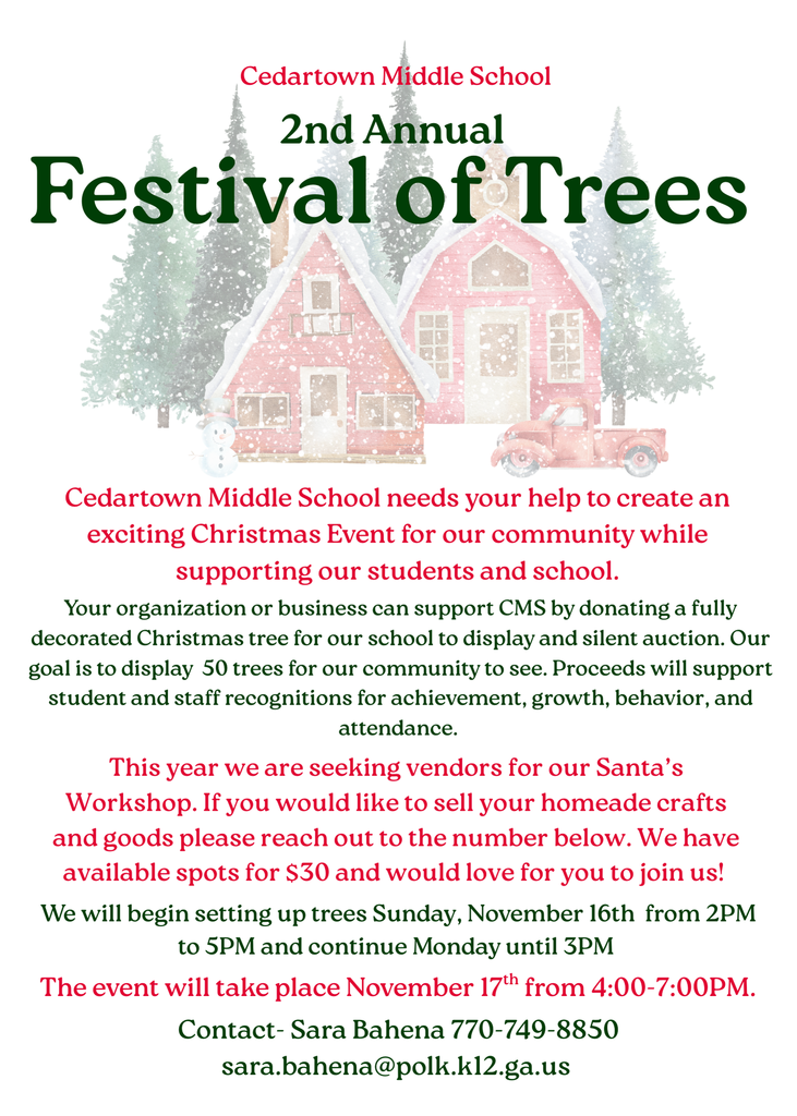 English version of Festival of Trees Flyer on white background with red and green text with Christmas barn scene for accent