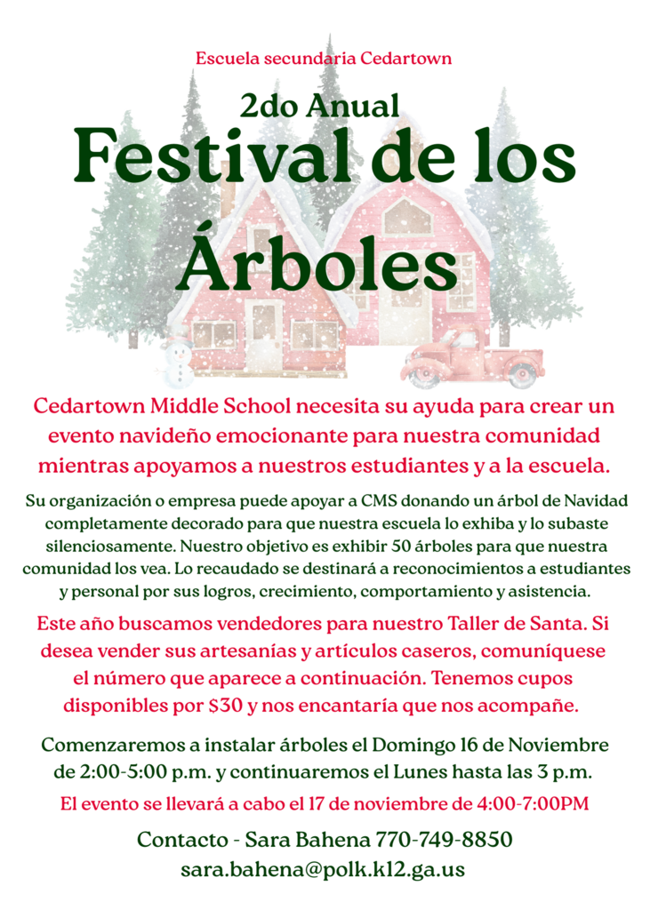 Spanish version of Festival of Trees Flyer on white background with red and green text with Christmas barn scene for accent