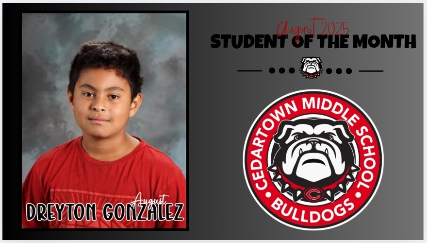 photo of student of the month on gray background with red and black text and school logo as accent