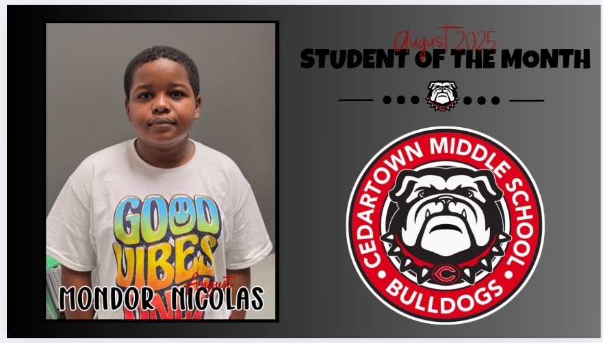 photo of student of the month on gray background with red and black text and school logo as accent