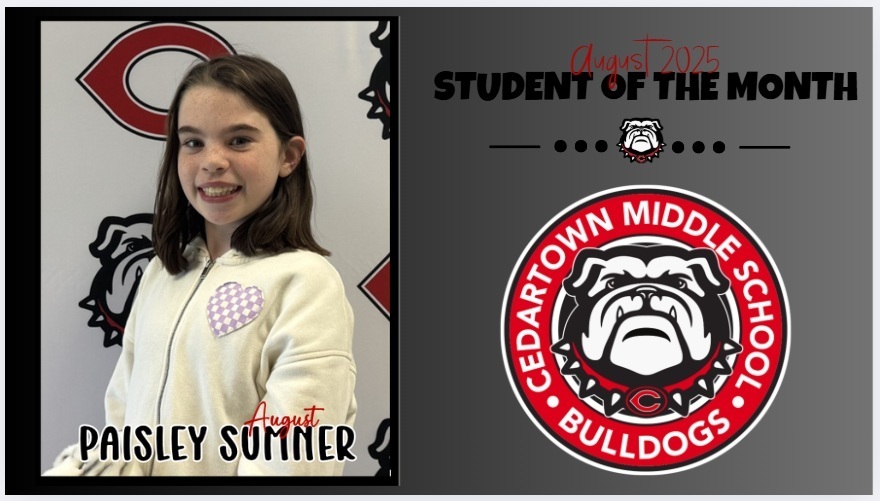 photo of student of the month on gray background with red and black text and school logo as accent