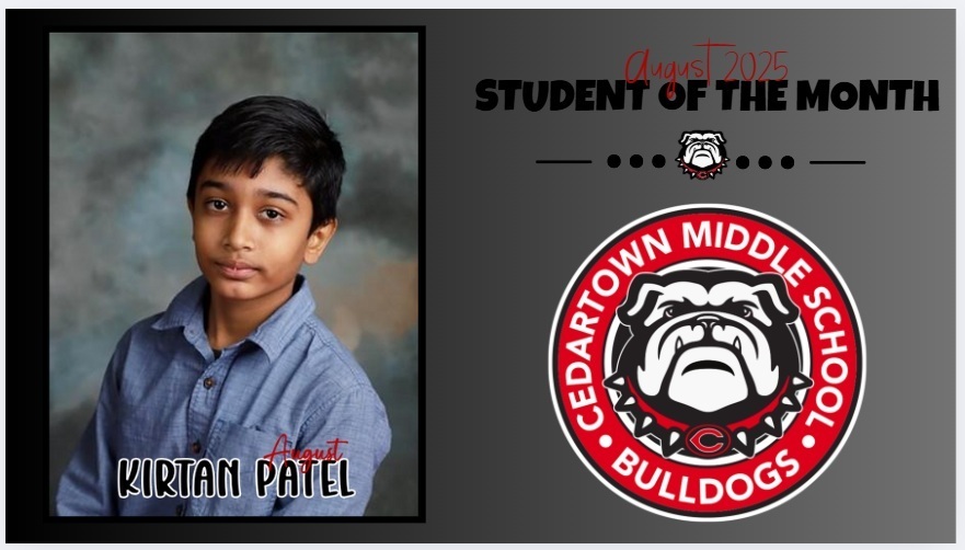 photo of student of the month on gray background with red and black text and school logo as accent