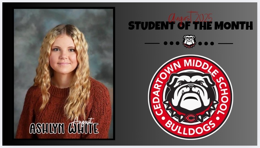 photo of student of the month on gray background with red and black text and school logo as accent