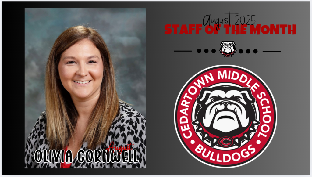 photo of staff of the month on gray background with red and black text and bulldog mascot for accent