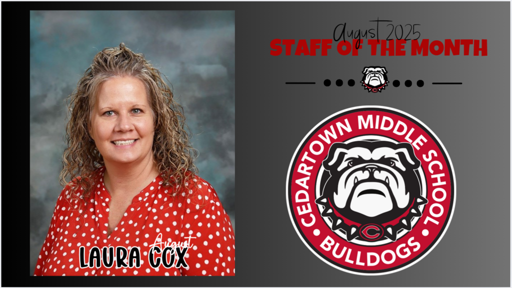 photo of staff of the month on gray background with red and black text and bulldog mascot for accent