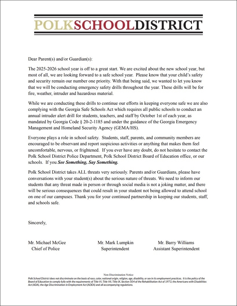 Emergency Drill Letter to parents