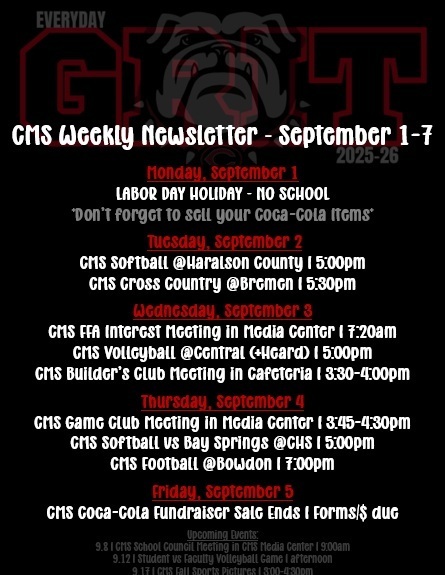 Weekly Newsletter on black background with red and white text with bulldog mascot shadow for accent