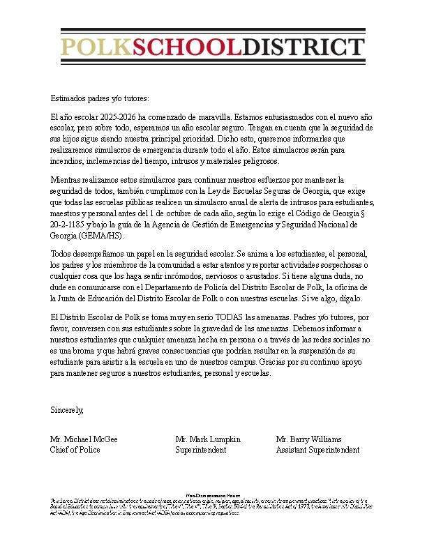 Spanish Emergency Drills Letter to Parents 2025