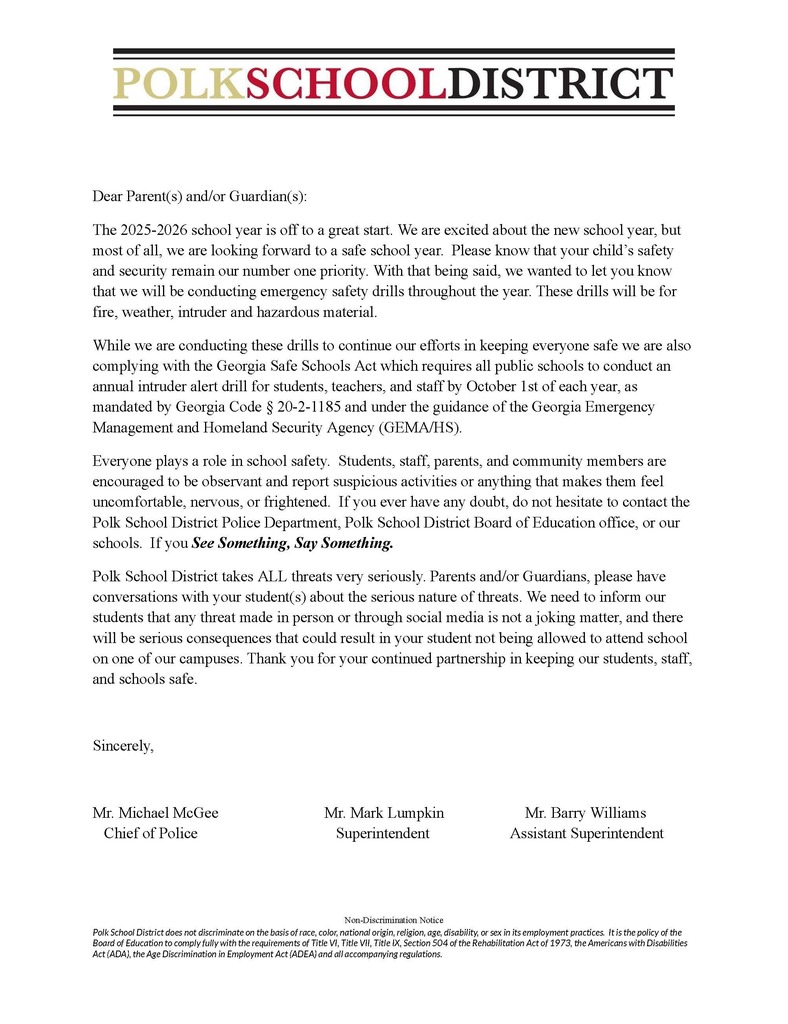 Emergency Drill letter to parents 2025