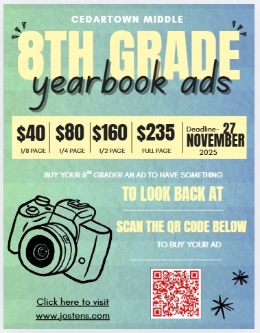 8th grade yearbook ad flyer blue background with black and cream text with camera image for accent and QR code to order online