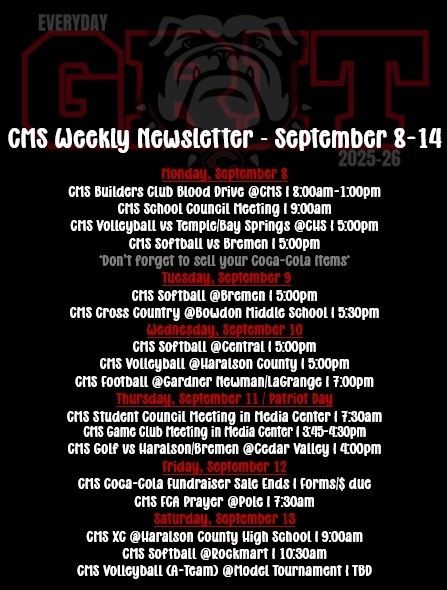 weekly newsletter on black background with red and white text and shadow bulldog logo as accent