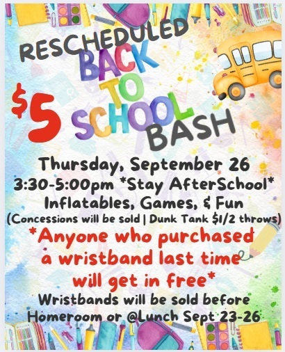 Back to School Bash Flyer with school supplies in background with pastel colors and text in gray and red 