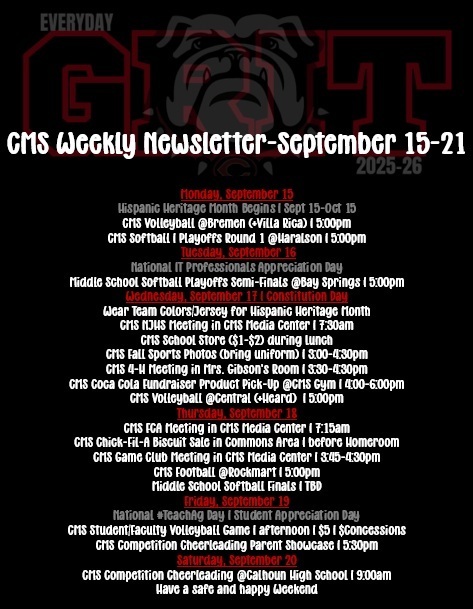 weekly newsletter on black background with white and red text with shadow bulldog as accent