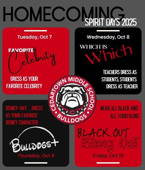 CMS Homecoming Flyer with gray backgound with red and black accent boxes with red, white, and black text with CMS Logo as accent