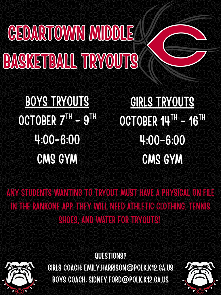 CMS Basketball Tryouts Flyer on black background with red and white text with bulldogs and basketball as accent