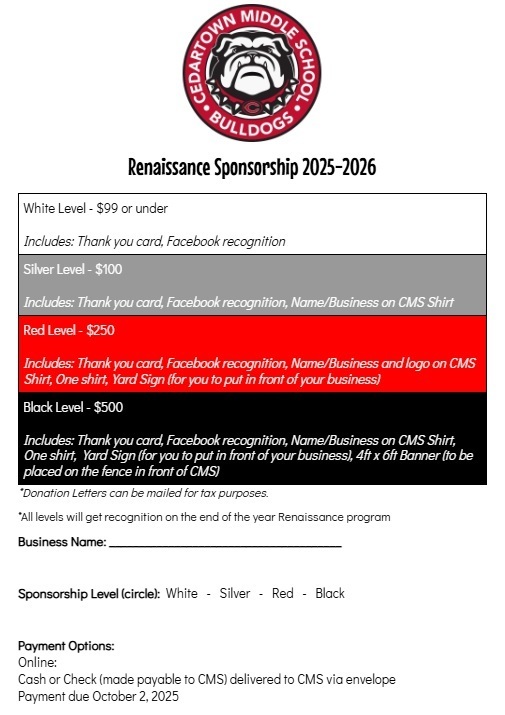 CMS Renaissance Sponorship Form with white and black text on red, white, and black background with school logo as accent