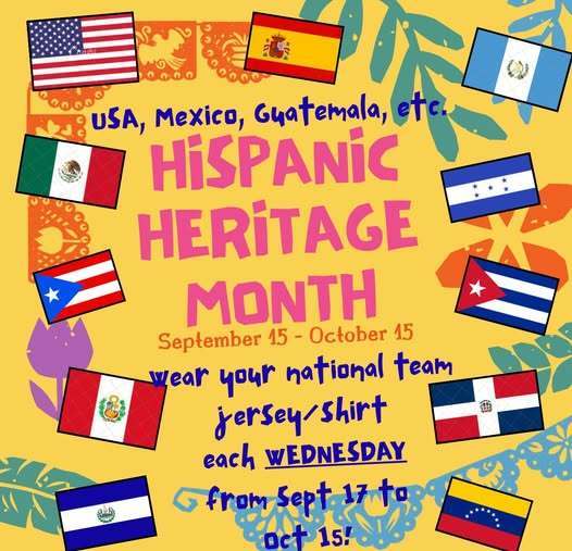 Hispanic Heritage Month flyer with yellow background and pink, red, and blue text with country flags as accents