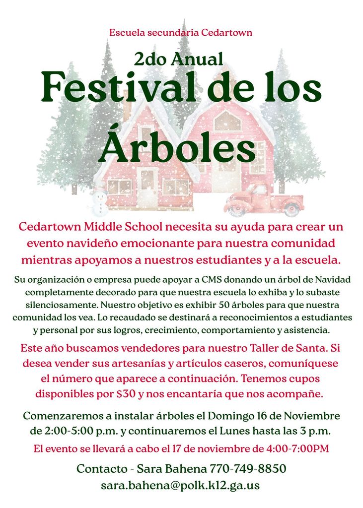 Festival of Trees Flyer (in Spanish) white background with red and green text with snowy barn scene as accent