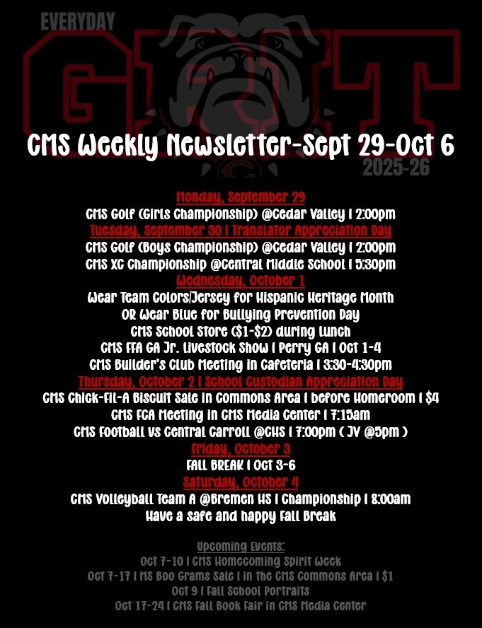 Newsletter on black background with red and white text with bulldog logo with shadow