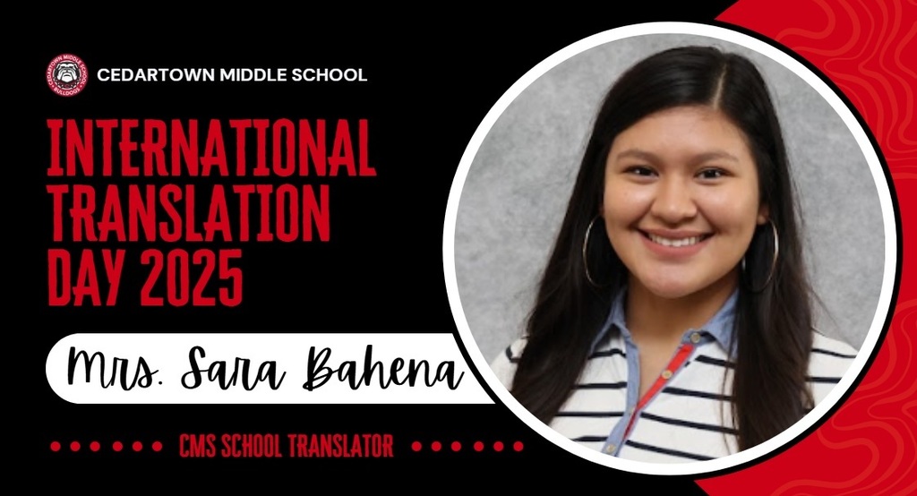 photo of translator on black background with red and white text