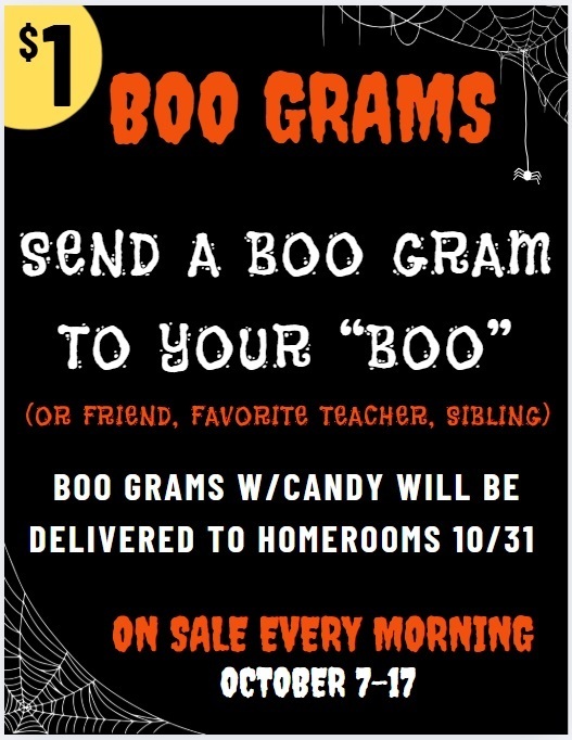Boo Gram poster with black background with white and orange spooky text and spider webs as accents