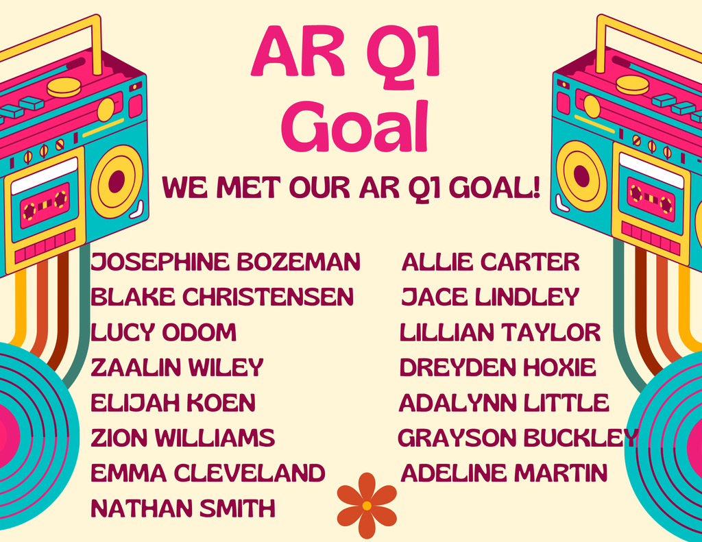 A list of names of students that met their AR Q1 goals! Congratulations to all the students who met their Q1 AR grade level goal with 80% accuracy or higher! This is a huge accomplishment! Great job!!