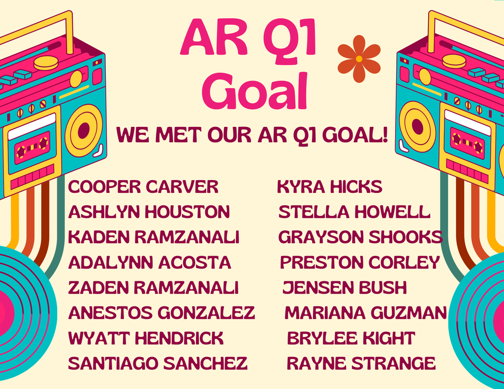 A list of names of students who met their AR Q1 goals! Congratulations to all the students who met their Q1 AR grade level goal with 80% accuracy or higher! This is a huge accomplishment! Great job!!