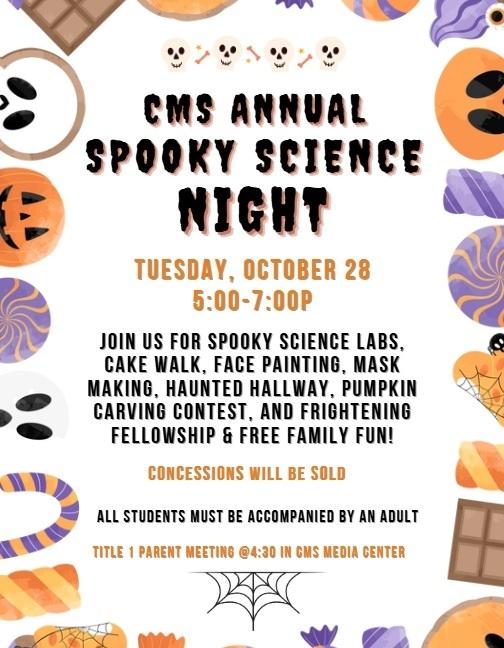 spooky science night flyer with white background and orange and black text with spooky images as accent