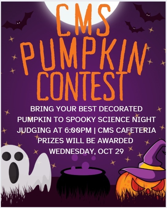 pumpkin carving contest flyer with purple background and orange and white text with spooky images as accent