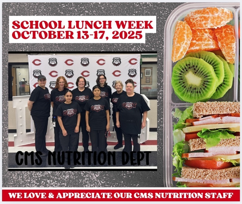 School Lunch Week Appreciation image with staff photo on gray background with red and white text and food as accent