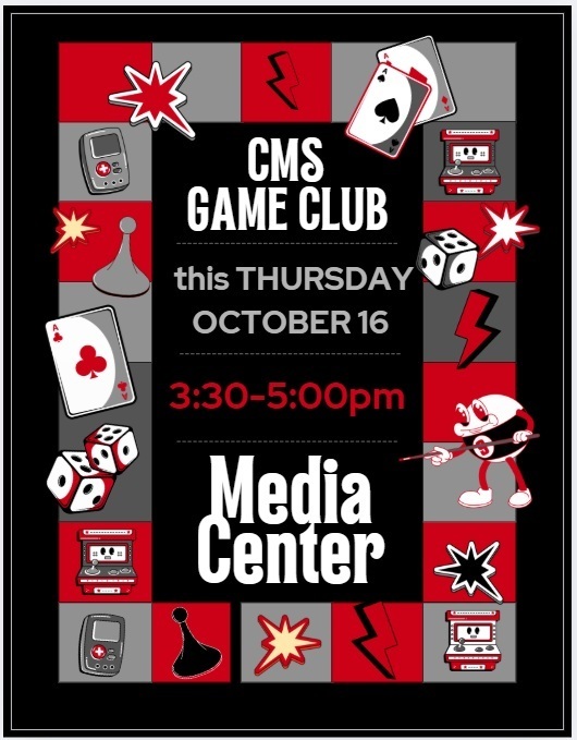 Game Club Flyer black background with white and red text with game images as accent