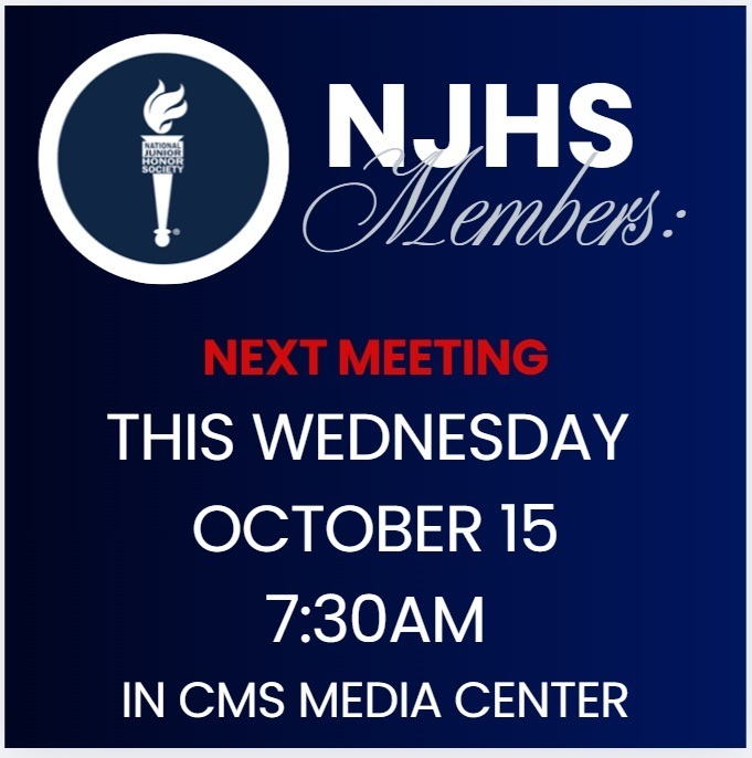 NJHS Club Flyer blue background with white and red text with NJHS torch as accent