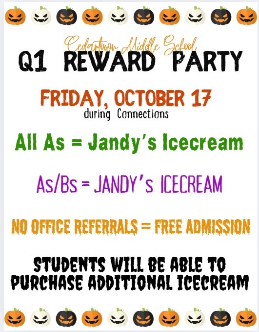 Q1 Renaissance Reward Party Flyer with white background and orange, black, and green text with pumpkins as accents