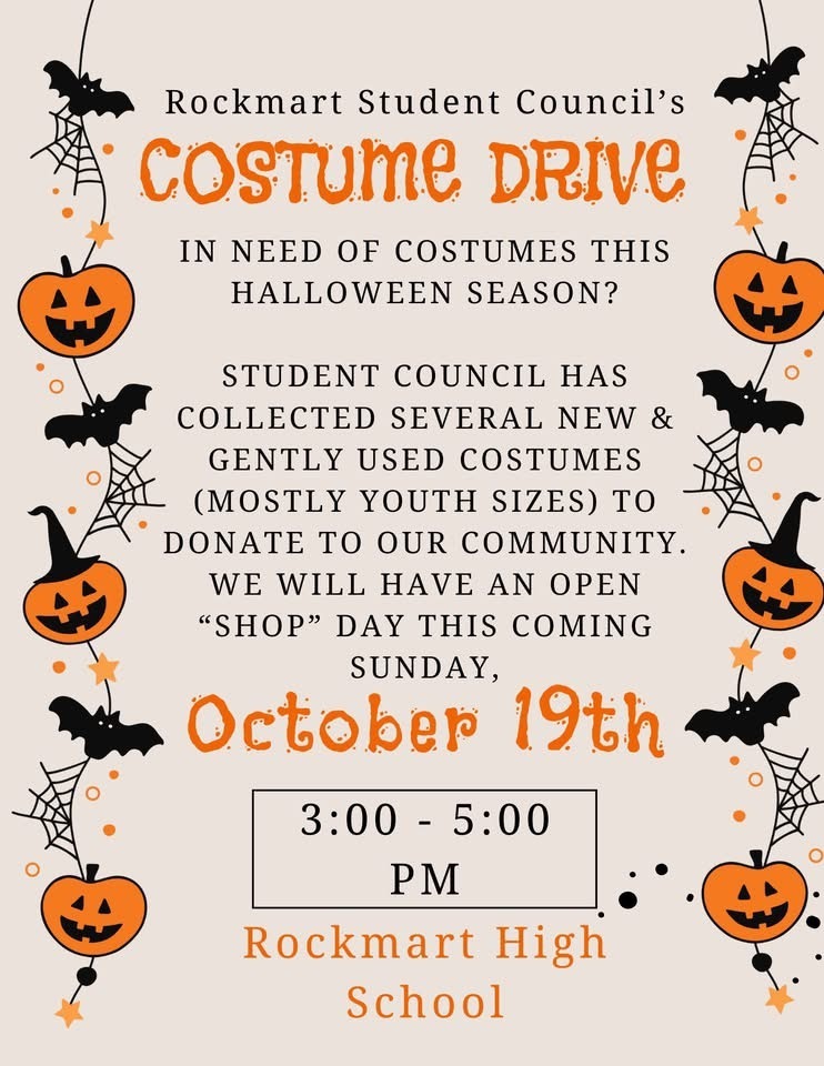 Come get your free costumes this Sunday!. Student Council wants to help all of the families in our community have a great spooky season👻 Please share!