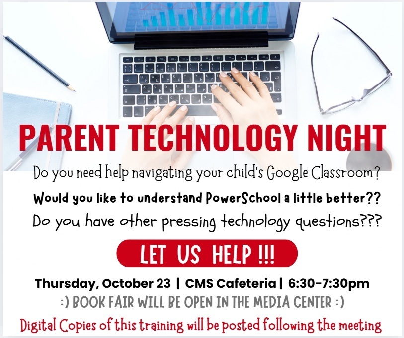 technology night flyer with white background and black and red text with computer images for accent