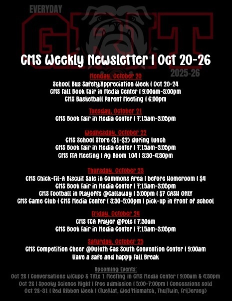 Newsletter with black background wih red and white text with shadow bulldog as accent